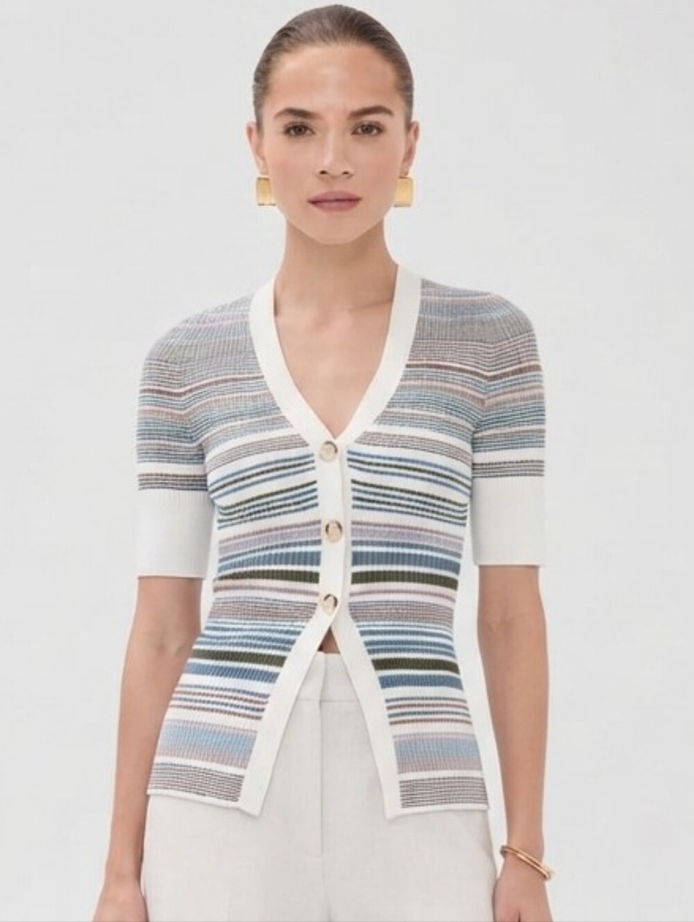 Veronica Beard Fawne Ribbed Short Sleeve Knit Top Cardigan Sz L Old Money Preppy